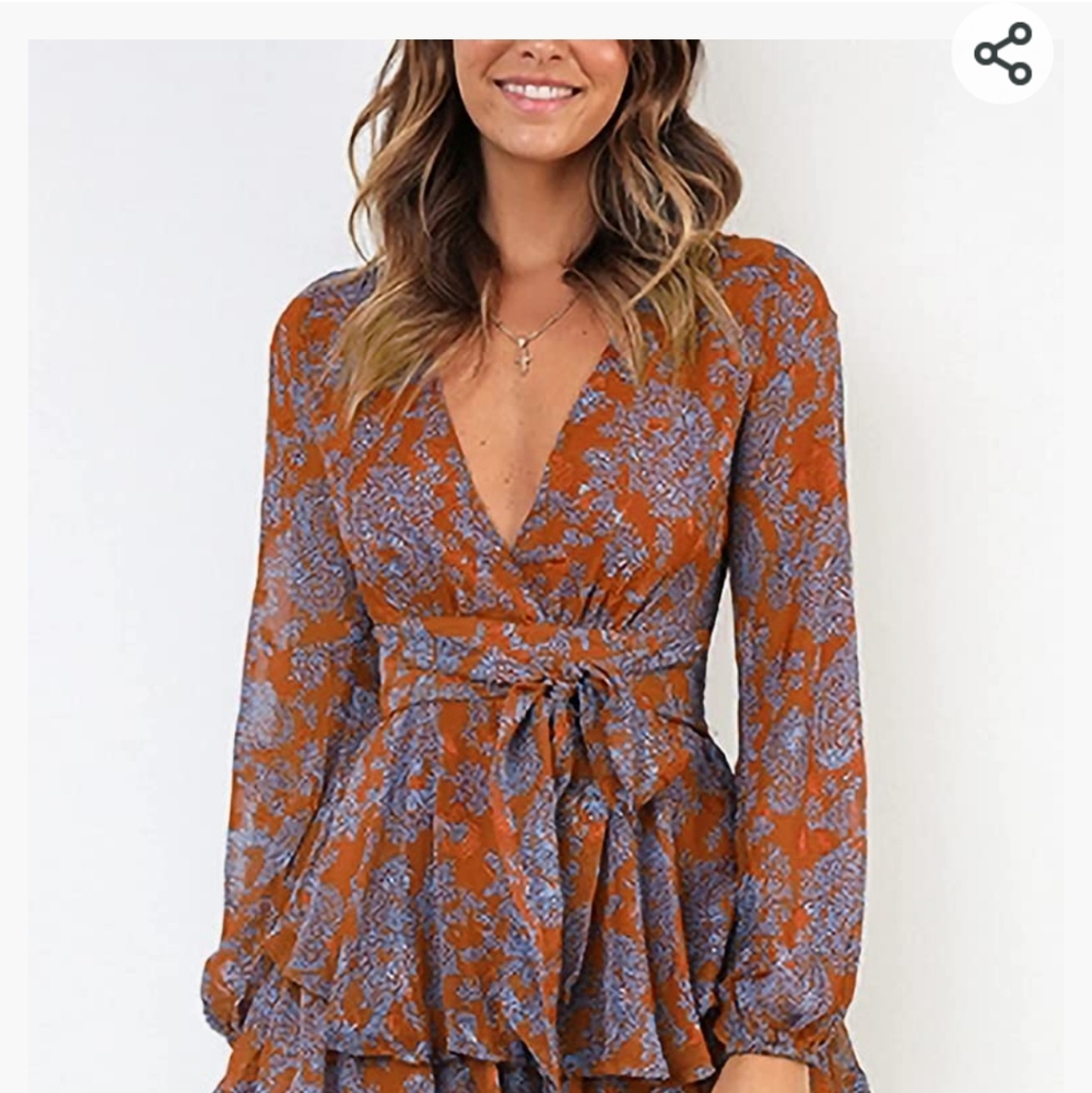 🔥 Women's Jumpsuit Floral Print V Neck Baggy Sleeve Waist Tie Double Layer - Picture 3 of 6